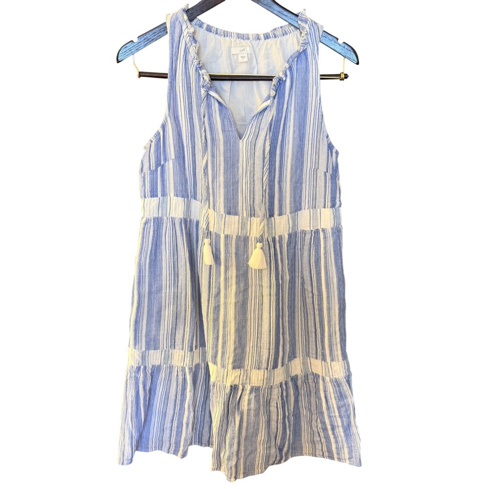 J. Jill Blue White Striped Cotton Gauze Tiered Sleeveless Tassel Dress Small